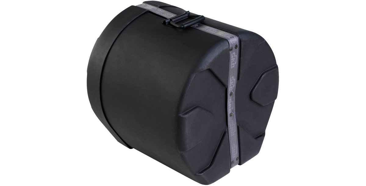 Angled view of 14 x 14 drum case showing rugged roto-molded design and reinforced strap for maximum drum protection and easy handling.