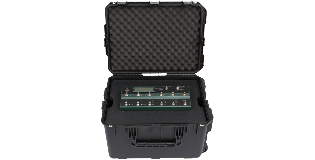 4U iSeries Guitar FX Fly Rack with foot controller securely placed inside foam-padded molded case for travel protection.