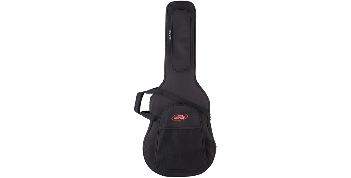 Front view of Acoustic Guitar Soft Case with durable exterior, large accessory pocket, and SKB logo for organized storage and brand reliability.