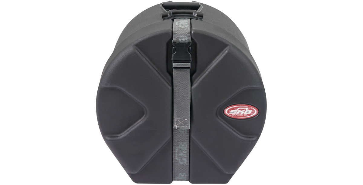 Front view of SKB Ultimate Drum Case Set showing reinforced shell and locking strap for reliable tom drum storage and stacking.