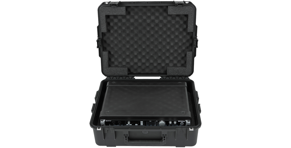 Open Injection Molded Fly Rack 2U Case with foam interior and mounted gear, ideal for secure and shock-resistant transport.