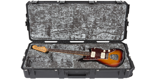 SKB iSeries waterproof guitar case holding a sunburst Jazzmaster guitar, offering military-grade protection and plush interior support.