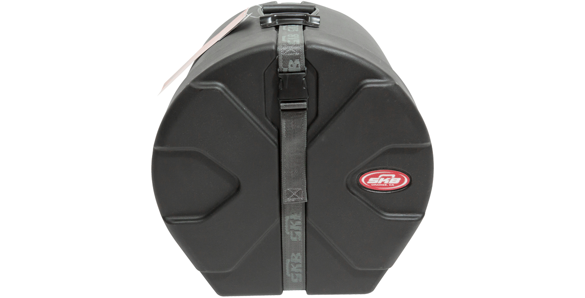 Front view of 12 x 12 Drum Case - Durable Roto-Molded with reinforced strap and SKB logo for secure transport and storage.