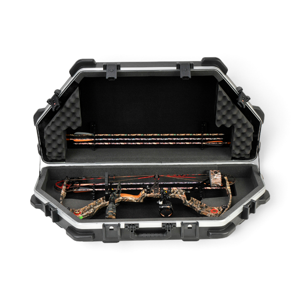 SKB Cases ATA parallel limb bow case with foam interior, holding a camo compound bow with quiver and sight.