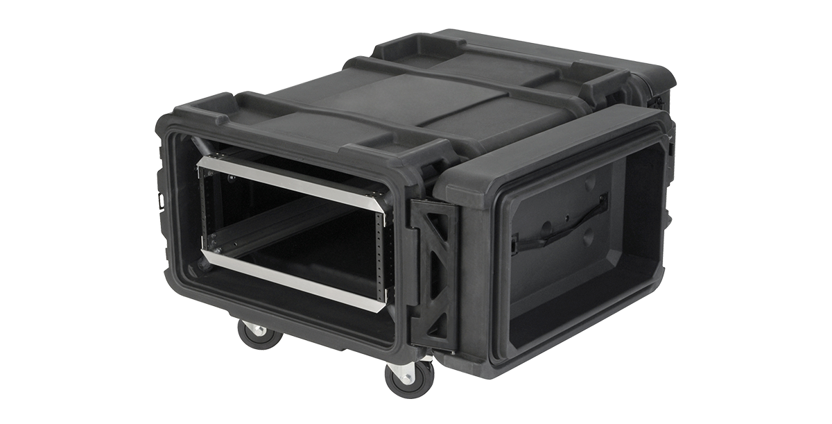 Side perspective of 4U 30-inch Roto Shock Rack with open front and rear access, ideal for deep server installations.