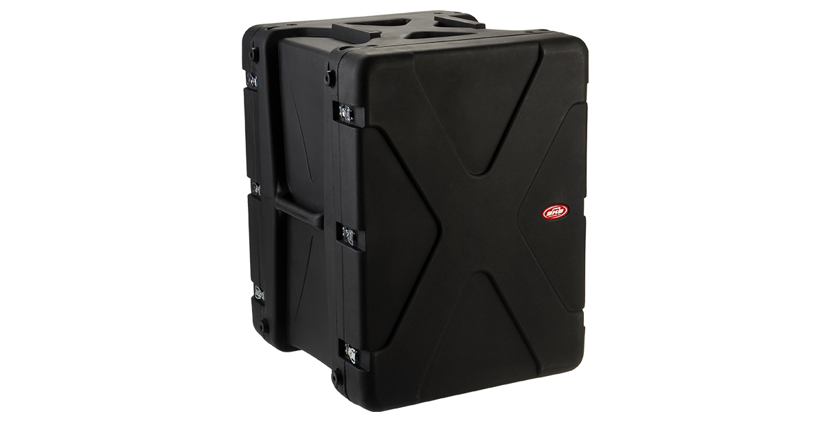 Closed 20-inch shock rack case with durable black exterior and reinforced corners, ideal for transporting rackmount electronics safely.