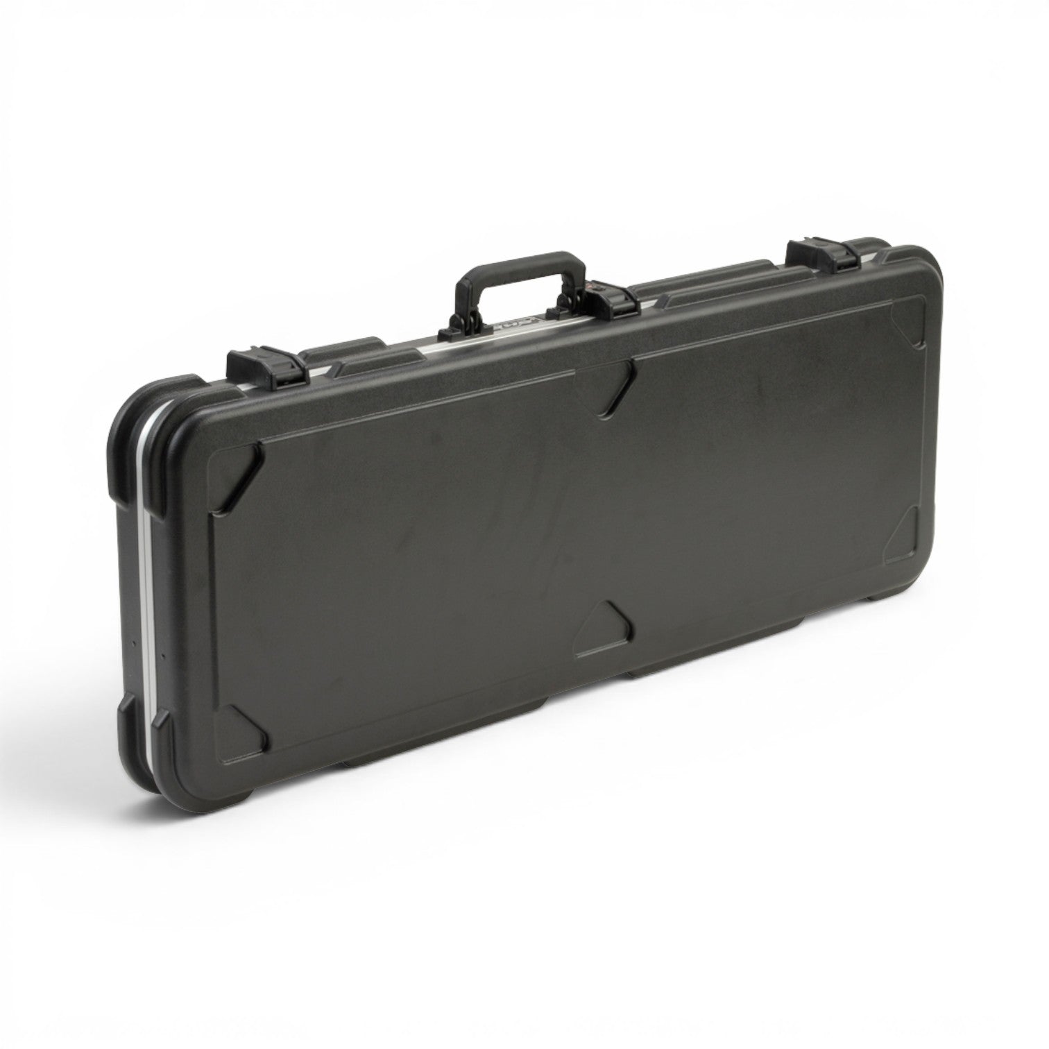 Angled view of Fender Jaguar Case showing reinforced corners, molded shell, and secure locking system for guitar protection.