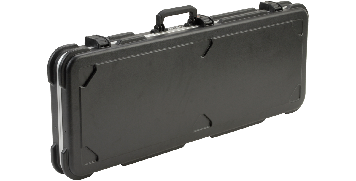 Angled view of Fender Jaguar Case showing reinforced corners, molded shell, and secure locking system for guitar protection.