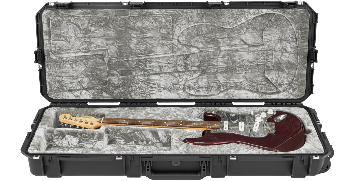 iSeries waterproof guitar case for Stratocaster with plush grey interior and electric guitar inside, offering secure fit and protection.