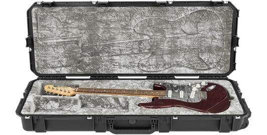 iSeries waterproof guitar case for Stratocaster with plush grey interior and electric guitar inside, offering secure fit and protection.