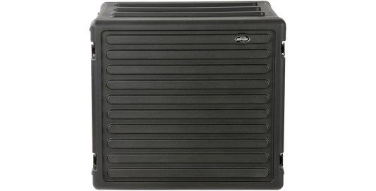 Front view of 10U rSeries Rack - Durable & Secure | Molded Polyethylene, ideal for stacking and protecting pro audio equipment.