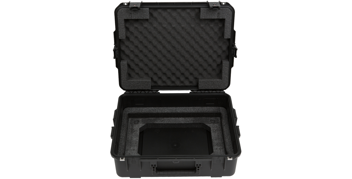 Injection Molded Fly Rack 2U Case open with rack removed, revealing custom foam insert for secure equipment fit.
