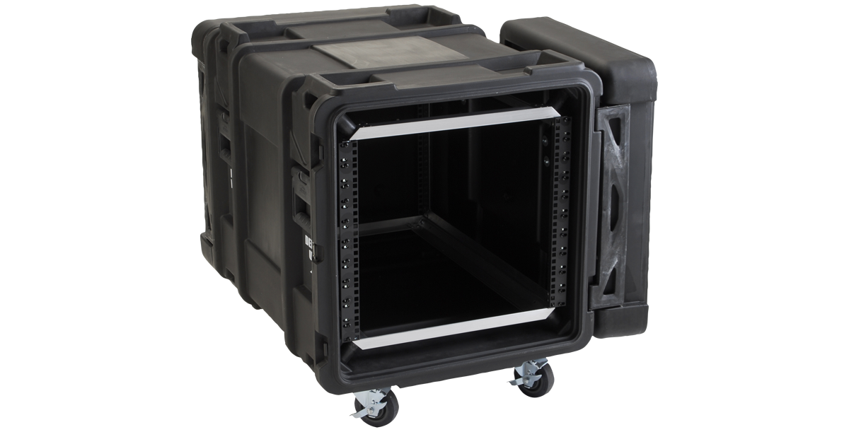 Open side view of 28 Inch Shock Rack with ARCS System - 10U, displaying internal adjustable rails and shock-absorbing frame.