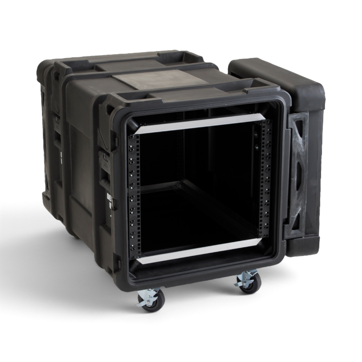 Open side view of 28 Inch Shock Rack with ARCS System - 10U, displaying internal adjustable rails and shock-absorbing frame.