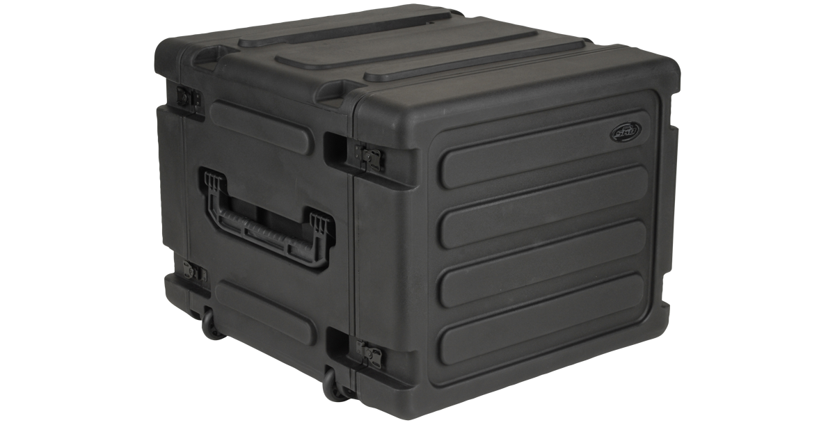 Angled side view of 20-inch Rolling Shock Rack with ergonomic handle and reinforced latches for secure closure.