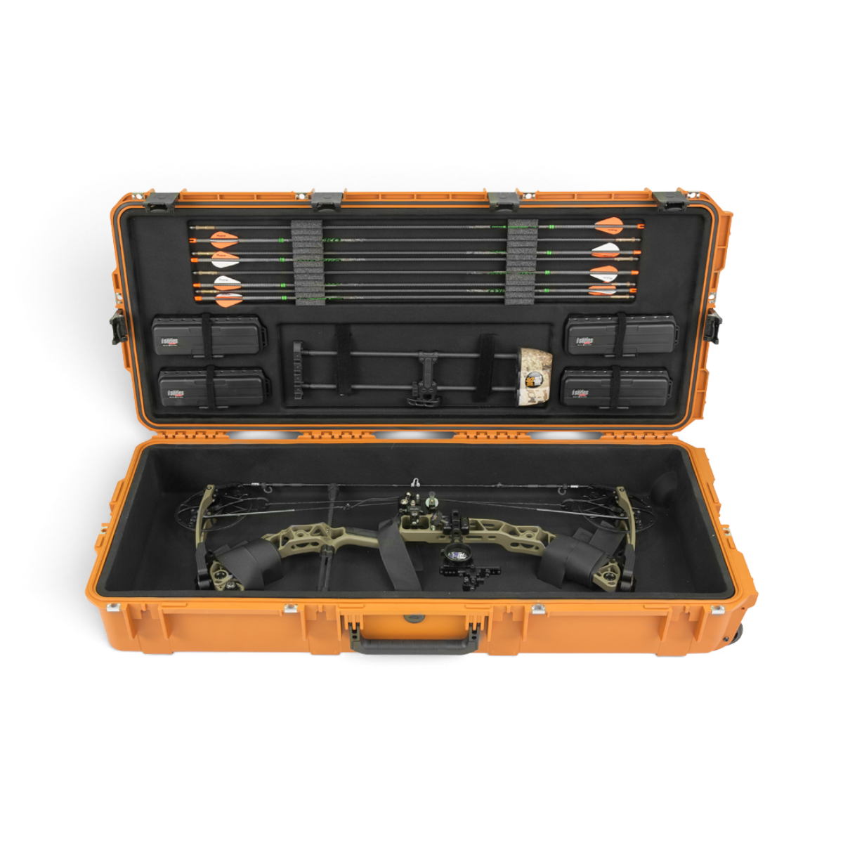 SKB Cases Pro Series large coyote brown waterproof bow case with interior foam storage for arrows and accessories.