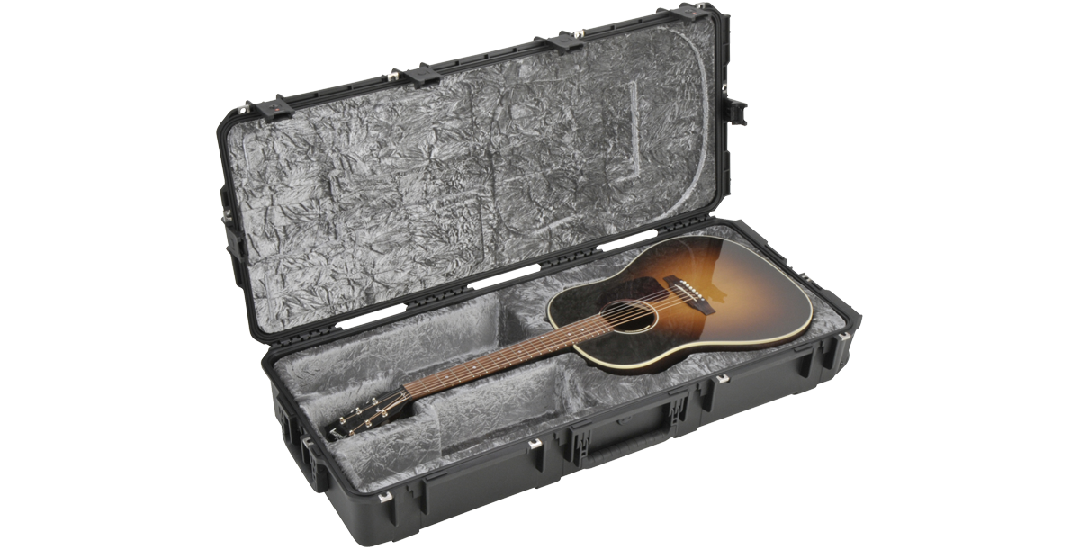 iSeries Waterproof Guitar Case with acoustic guitar inside, showing rugged wheels and reinforced latches for travel durability.