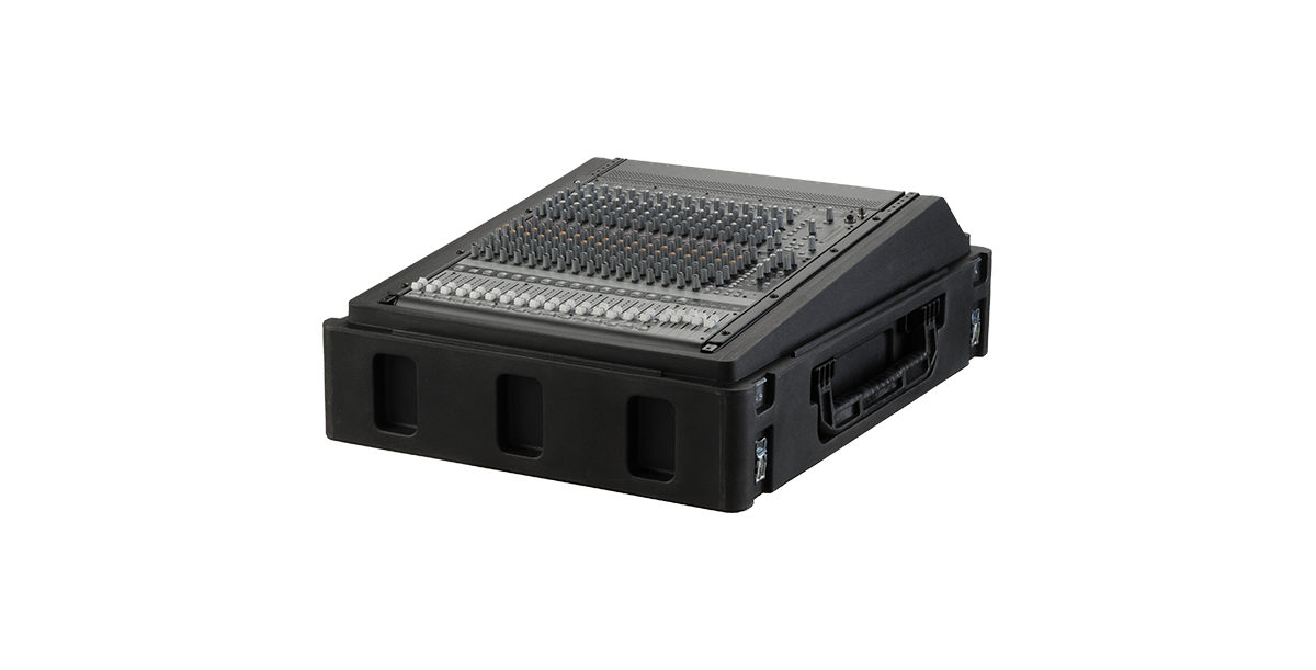 Angled view of Roto-Molded Gig Safe 14U Rack Case with mounted mixer, designed for durability and ease of use in live or studio environments.