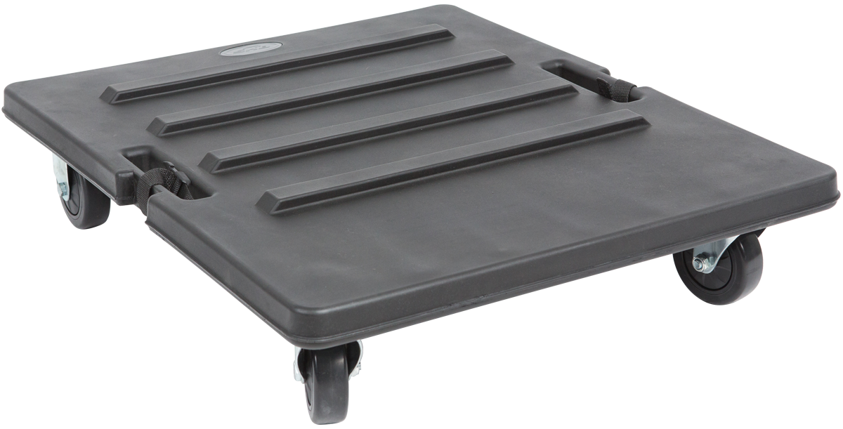 Angled view of shock rack caster platform showing molded grooves and durable wheels for stable stacking and transport.