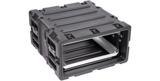 4U RS Series Shock Rack - 20 Inch Deep with front view showing aluminum chassis and steel rack rails for secure electronic transport.
