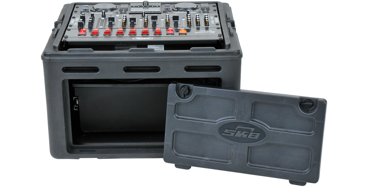 10U Slanted Compact Rack Case with open front panel and removable hard door, showcasing internal DJ controller setup for easy access.