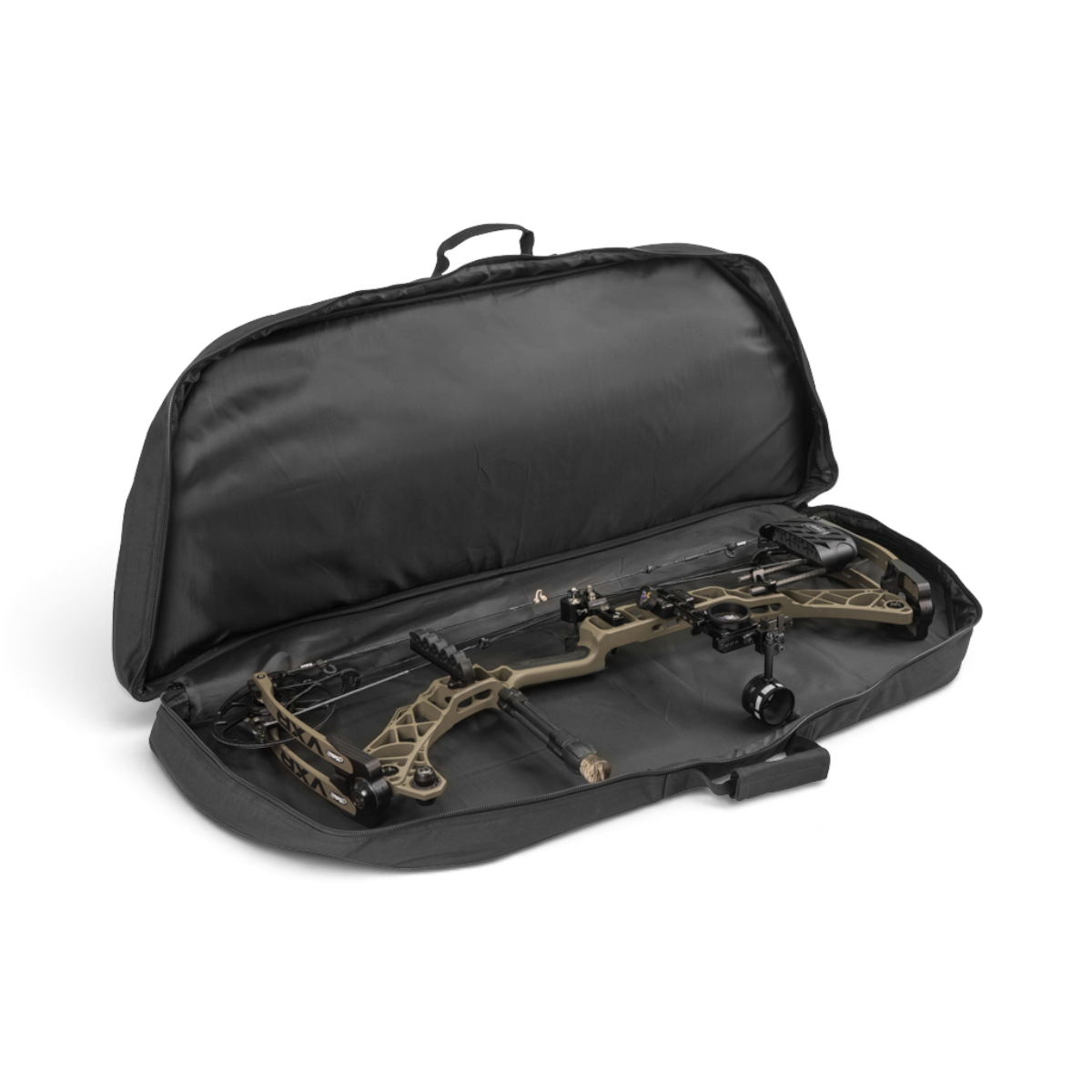 SKB Cases black archery bow bag open with a compound bow stored inside, featuring accessory storage compartments.