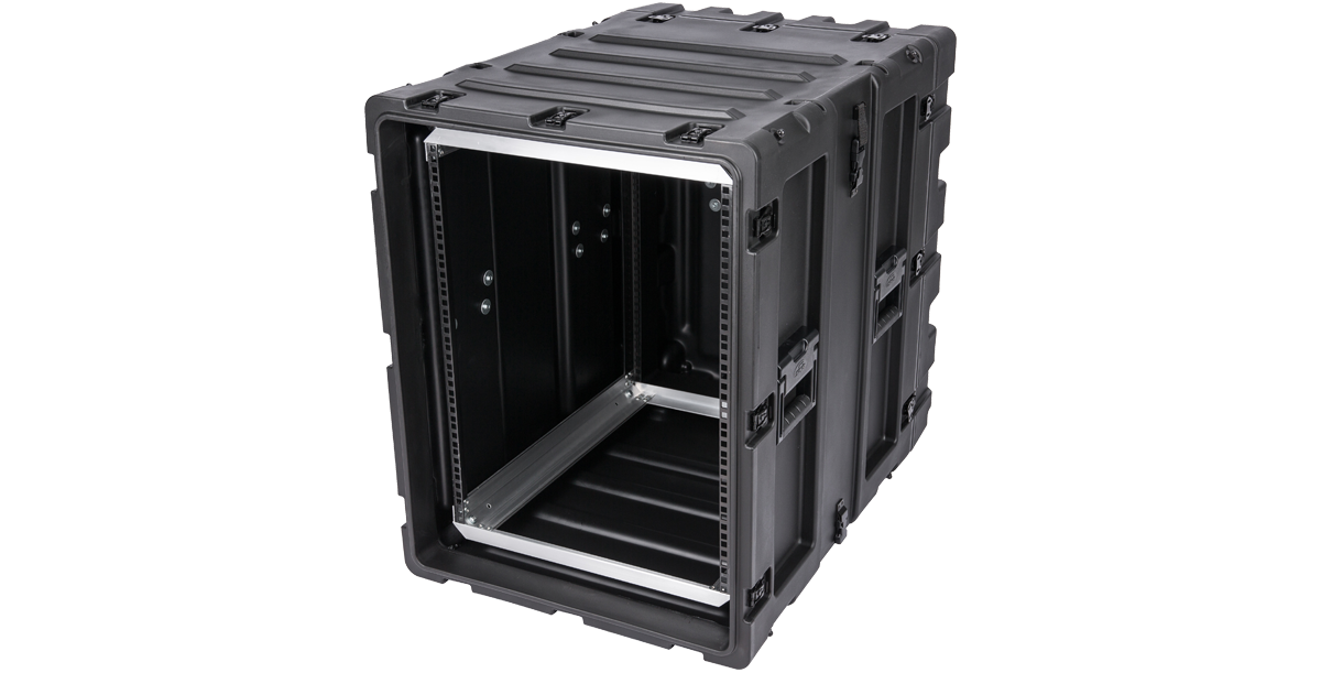 Side angle of 24-Inch Shockproof Rack Case for Electronics showing rugged design and internal support structure for heavy payloads.