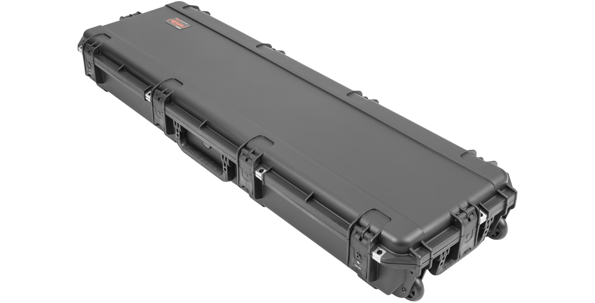 Rear angle of iSeries Bass Case - Waterproof StingRay showing rugged wheels and reinforced corners for easy transport and durability.
