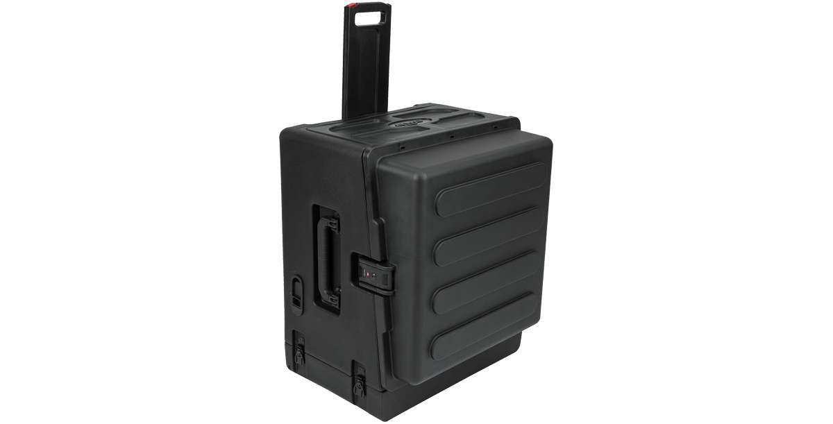 Rolling compact rig in upright position with extended handle and wheels. Travel-ready design for DJs and audio professionals on the go.