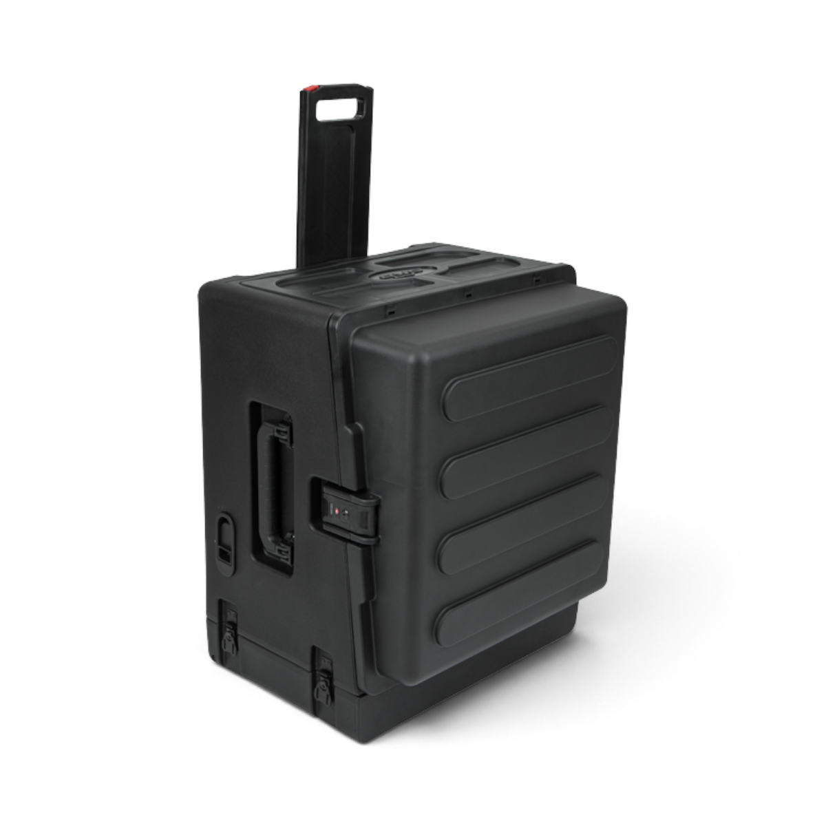 Rolling compact rig in upright position with extended handle and wheels. Travel-ready design for DJs and audio professionals on the go.