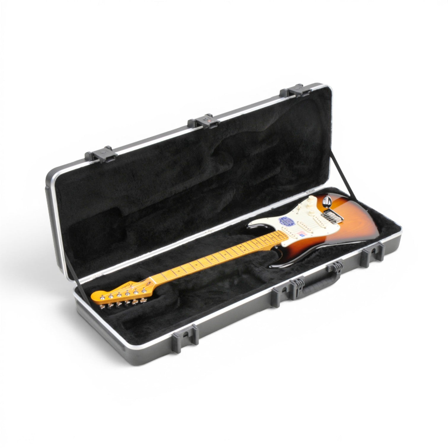 SKB Pro Guitar Case open with electric guitar inside, showcasing plush-lined interior and TSA lock-ready latches for protection.
