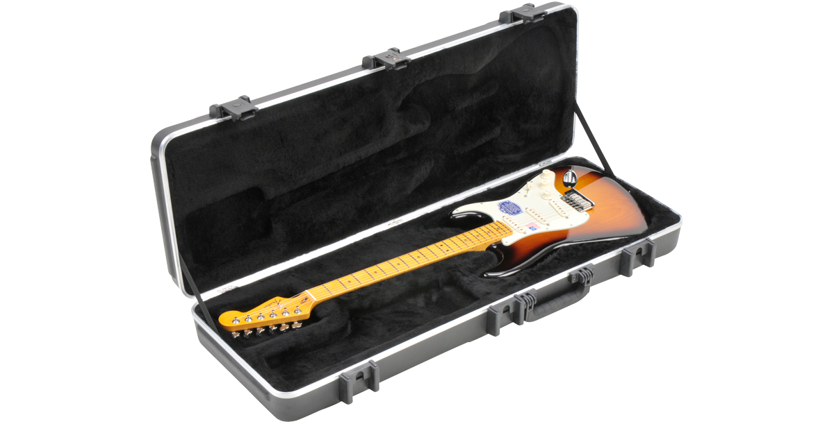 SKB Pro Guitar Case open with electric guitar inside, showcasing plush-lined interior and TSA lock-ready latches for protection.