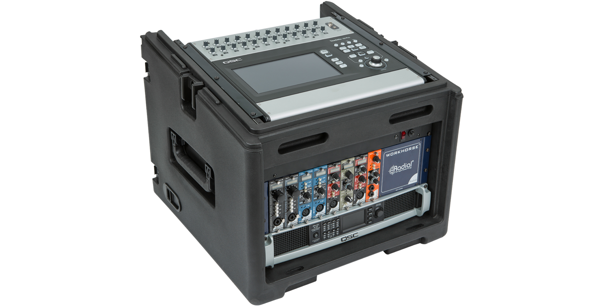 Fully loaded 10U Top 6U Compact Rolling Rig Case with audio equipment, showcasing its portability, rack capacity, and pro-audio compatibility.