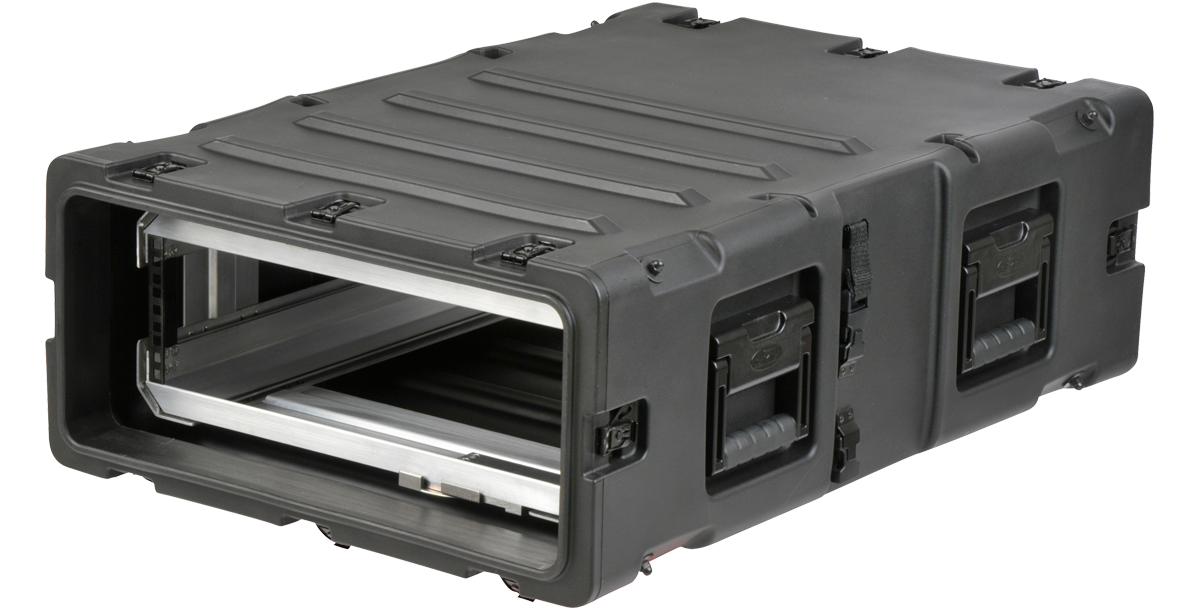 Side angle of SKB 3U 30-inch Shock Rack Case displaying reinforced corners and internal rack rails for stable equipment housing.