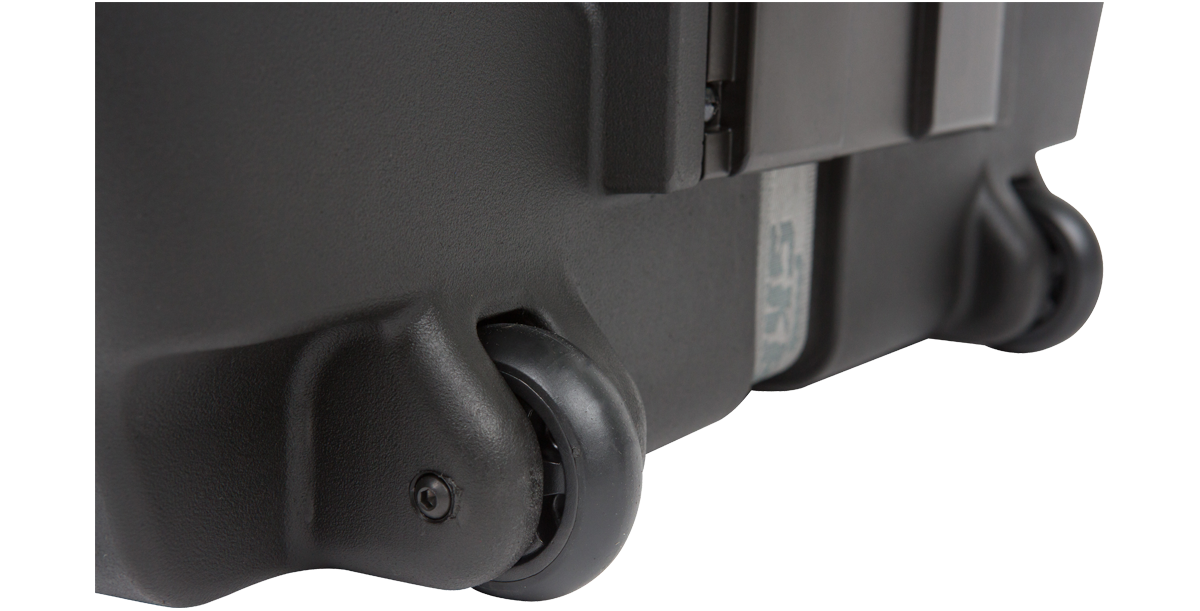 Close-up of the Rolling Cymbal Vault's durable wheels designed for smooth rolling and easy cymbal transport.