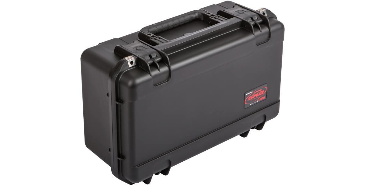 Side view of upright iSeries 2011-8 waterproof case with wheels and handle. Built for rugged travel and MIL-STD 810H compliance.