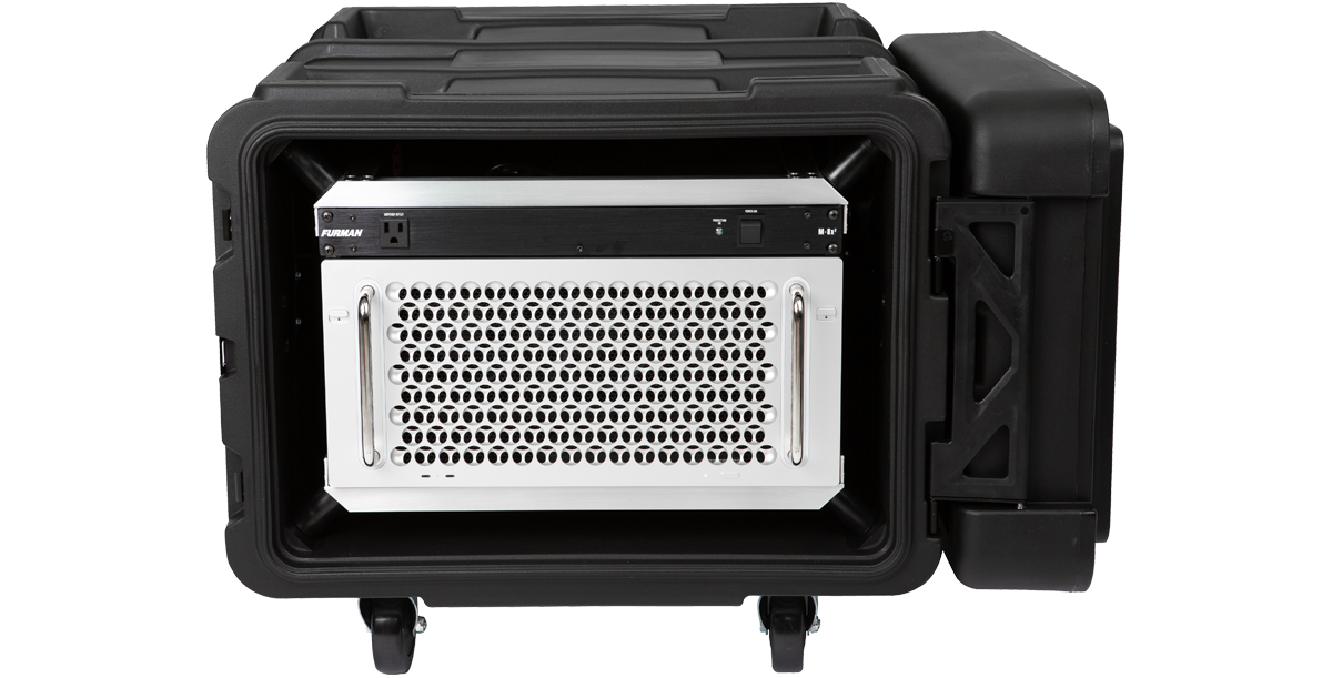 6U Shock Rack - 24-inch rSeries shown with front lid removed, displaying mounted equipment for heavy-duty portable protection.