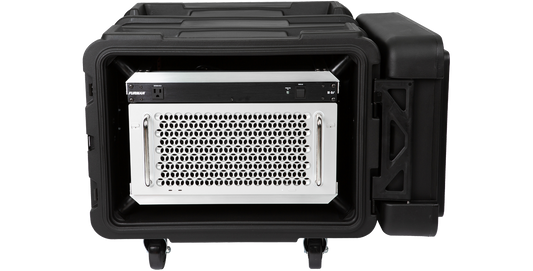 6U Shock Rack - 24-inch rSeries shown with front lid removed, displaying mounted equipment for heavy-duty portable protection.