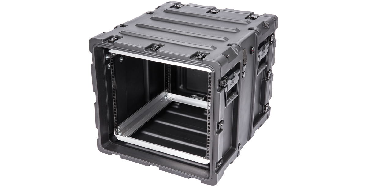 Side-angled view of 9U Shockproof Rack Case - Secure Electronics Transport with heavy-duty latches and molded handles.