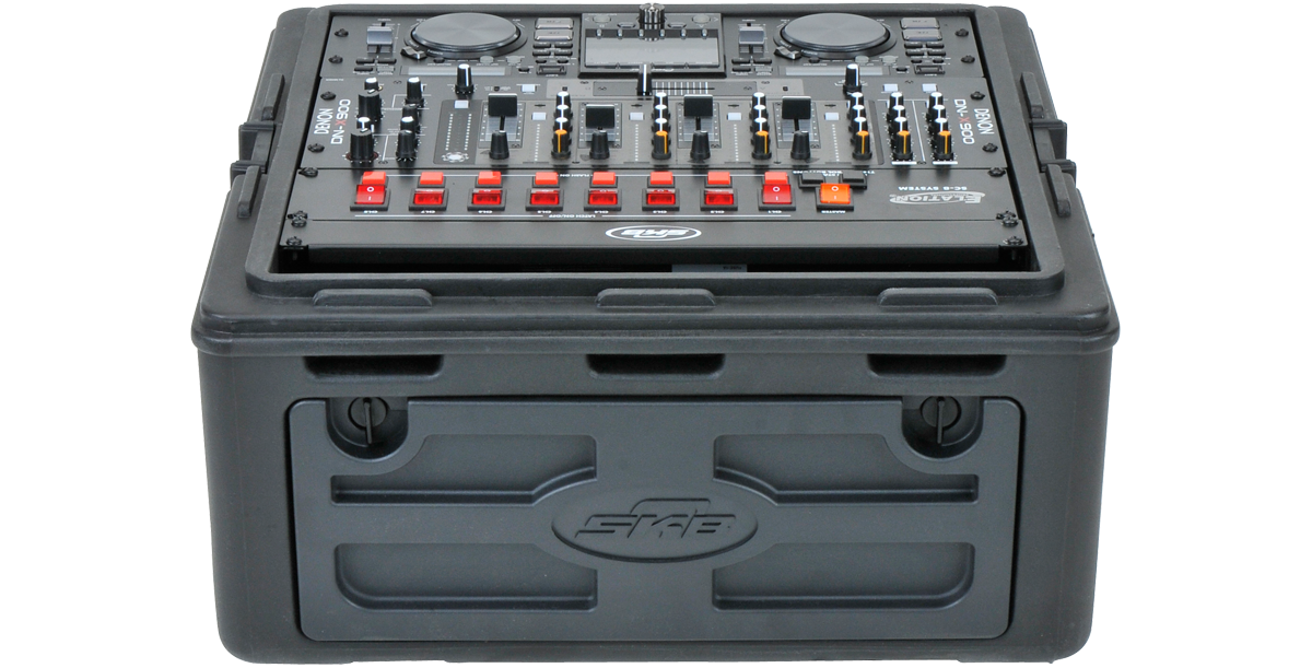Front view of compact 10 x 2 rack case housing DJ mixer, ideal for pro audio setups with rugged design and TSA-approved locking system.