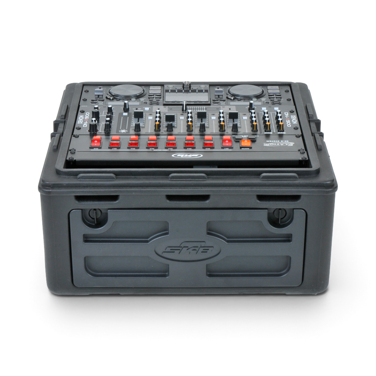 Front view of compact 10 x 2 rack case housing DJ mixer, ideal for pro audio setups with rugged design and TSA-approved locking system.