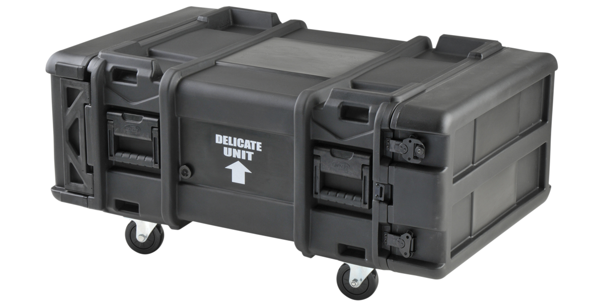 Closed 4U 28-Inch rSeries Rack with rugged exterior, labeled 'Delicate Unit,' mounted on wheels for mobility and secure transport of IT equipment.