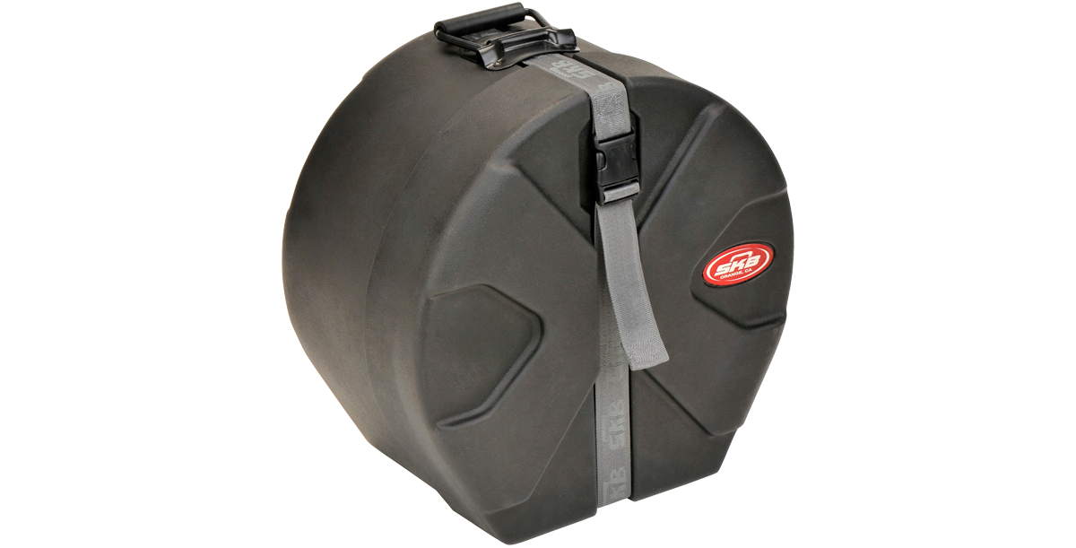 Angled view of Drum Snare Case - 6.5 x 13, showcasing roto-molded shell, sure grip handle, and reinforced strap for secure carrying.