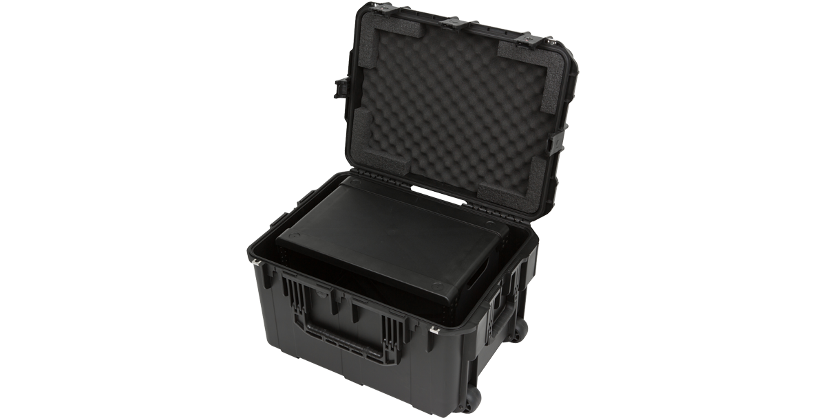 Angled view of iSeries Fly Rack case with rack frame inside, highlighting protective foam lining and TSA-approved latches for secure travel.