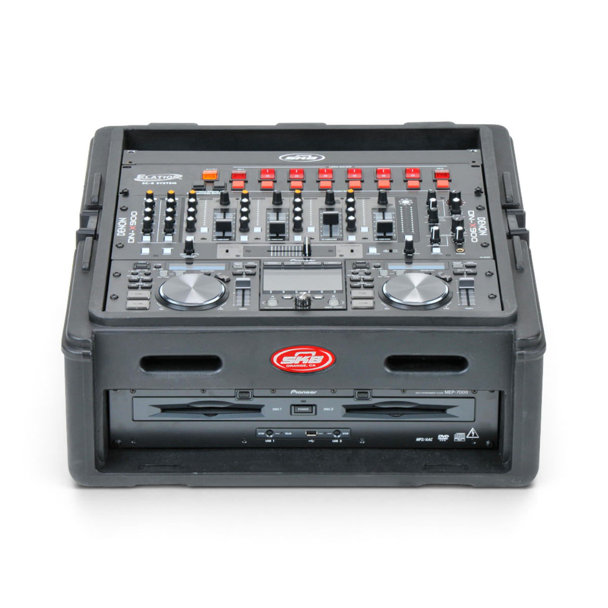 10 x 2 compact rack case with DJ controller and mixer setup, featuring durable build and TSA locks for secure AV equipment transport.