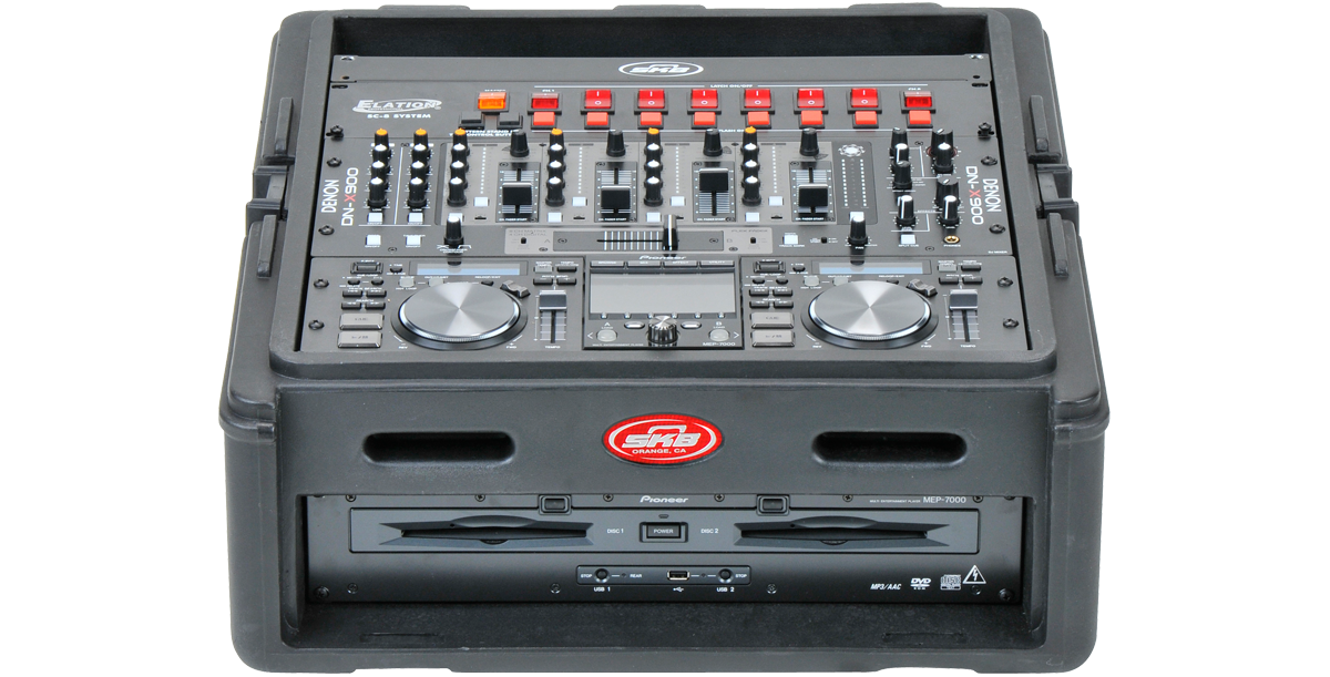 10 x 2 compact rack case with DJ controller and mixer setup, featuring durable build and TSA locks for secure AV equipment transport.