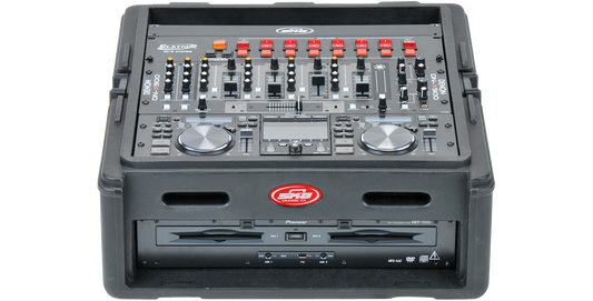 10 x 2 compact rack case with DJ controller and mixer setup, featuring durable build and TSA locks for secure AV equipment transport.