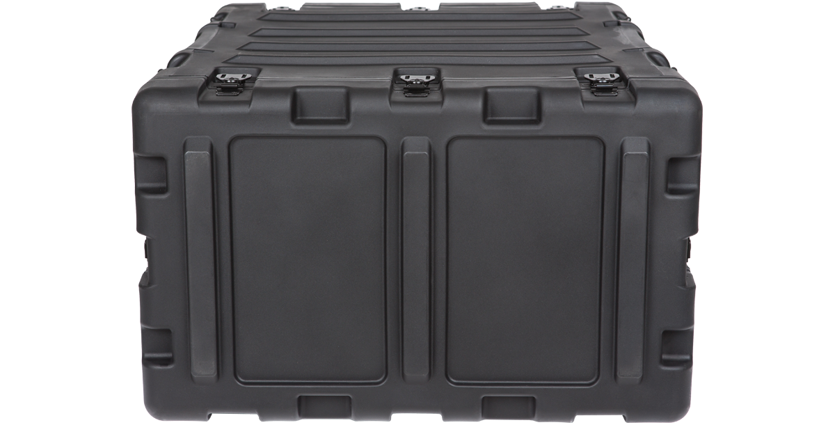 Rear view of 5U 20-inch SKB Shock Rack with sealed back panel and secure latches for waterproof and dustproof protection.