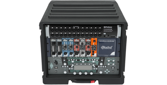 Front view of 8U SKB Rolling Rack fully loaded with audio gear, showcasing its strong roto-molded design and interlocking stack feature.