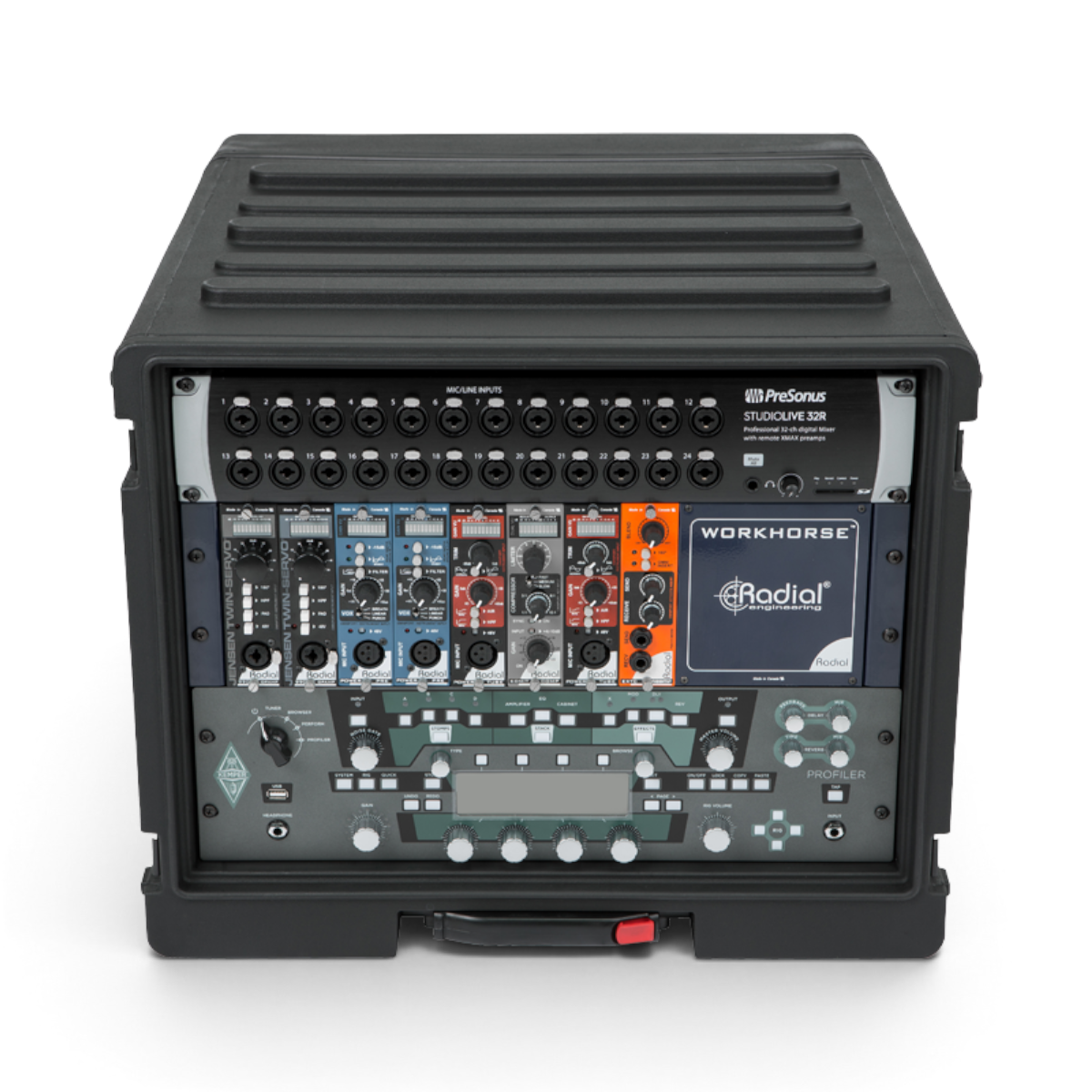 Front view of 8U SKB Rolling Rack fully loaded with audio gear, showcasing its strong roto-molded design and interlocking stack feature.